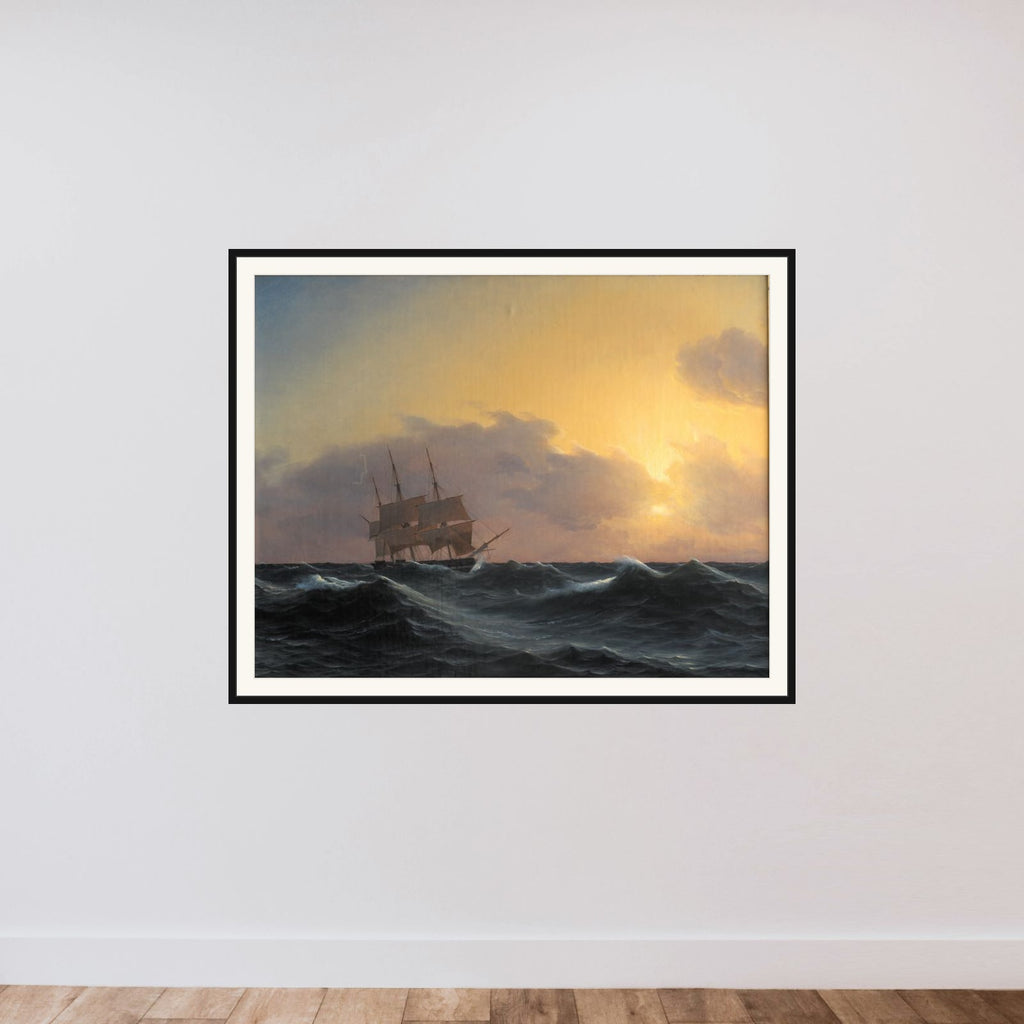 Fregat i en storm med rebede undersejl framed — shown to scale