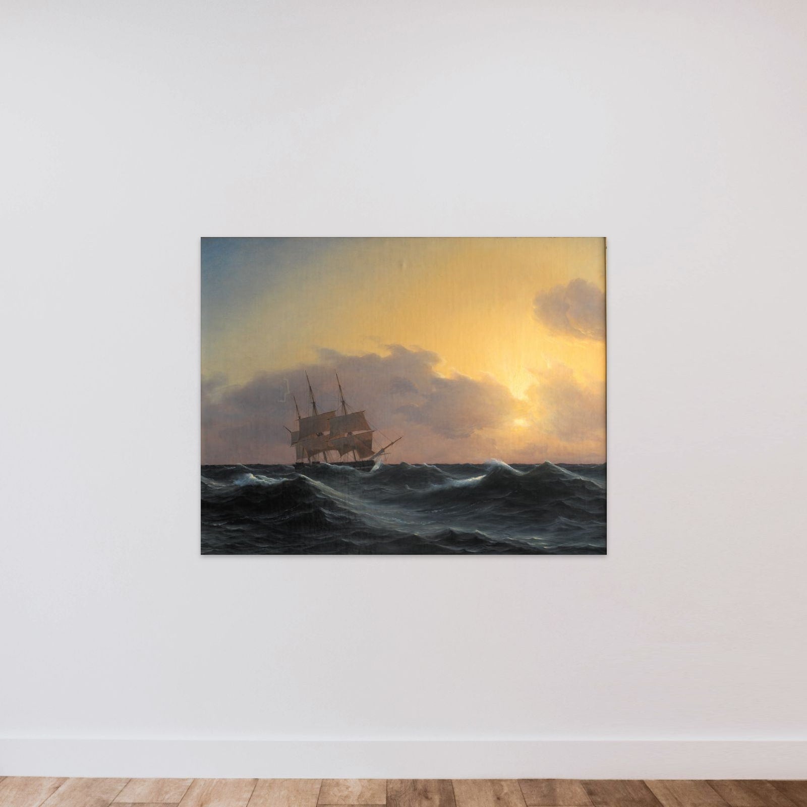 Fregat i en storm med rebede undersejl unframed — shown to scale