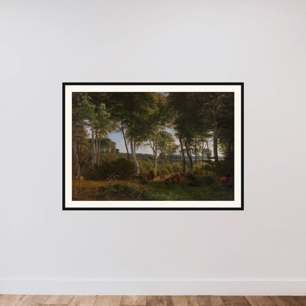 Parti af Delhoved Skov ved Skarre Sø. Eftermiddagsbelysning framed — shown to scale