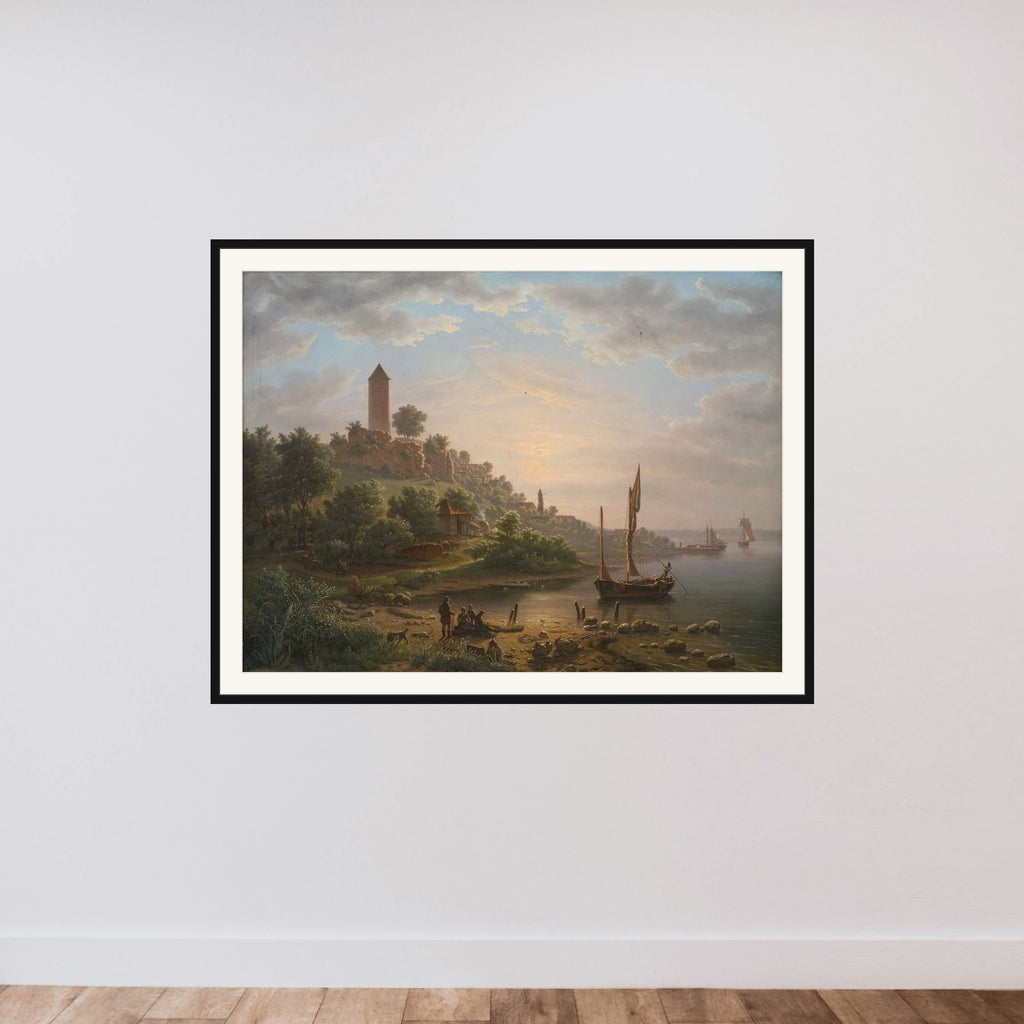 Kysten ved Vordingborg med Gåsetårnet en tidlig morgen framed — shown to scale