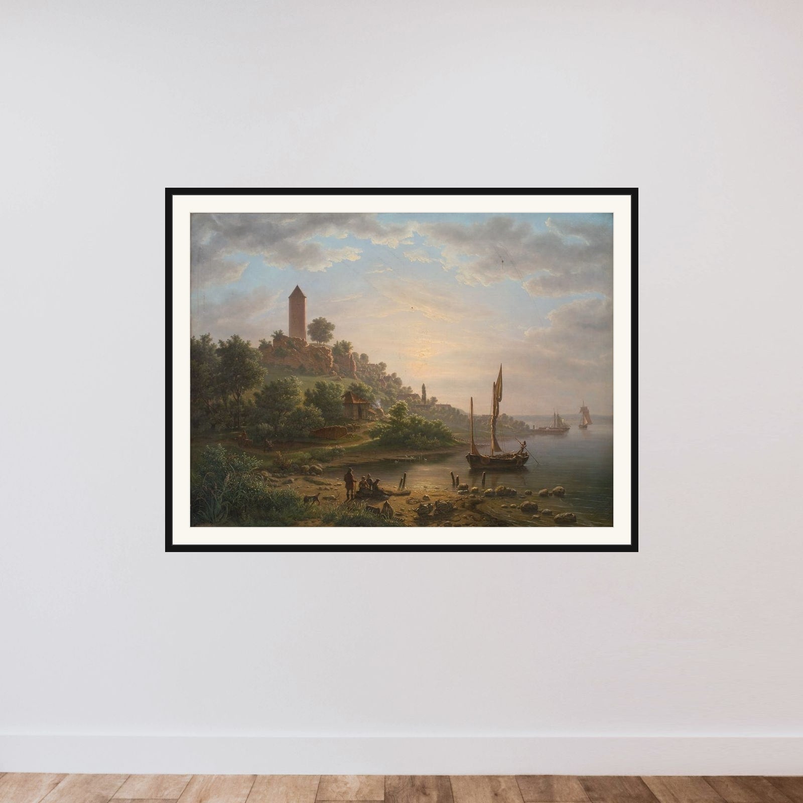 Kysten ved Vordingborg med Gåsetårnet en tidlig morgen framed — shown to scale
