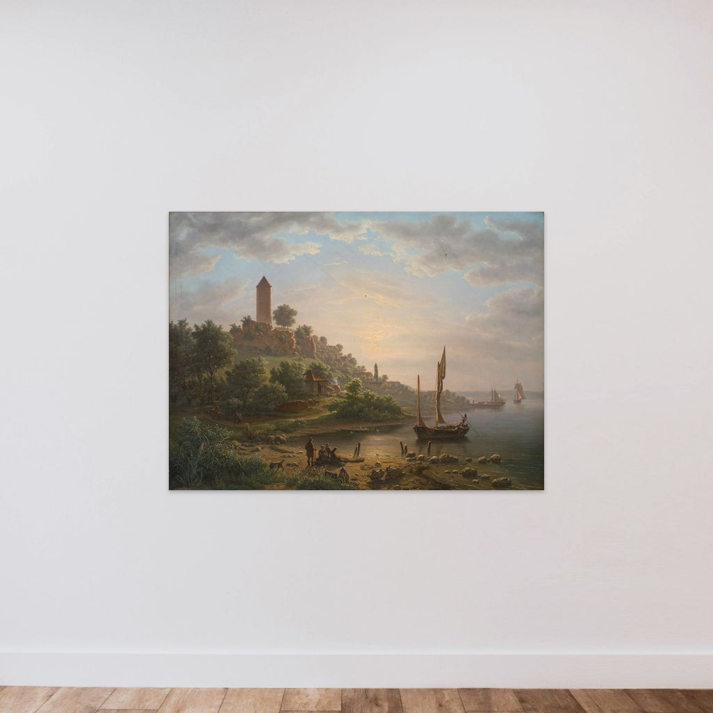 Kysten ved Vordingborg med Gåsetårnet en tidlig morgen unframed — shown to scale
