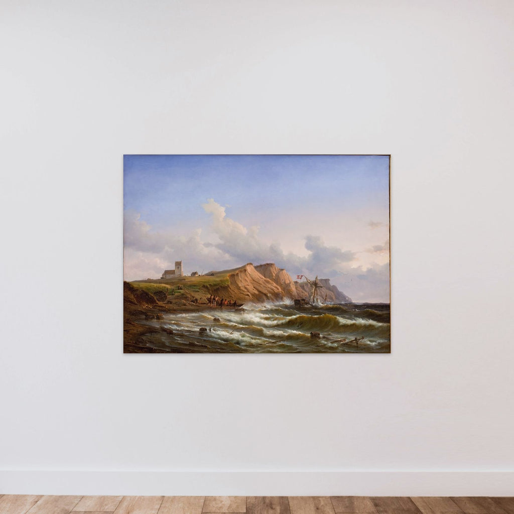 Skibbrud efter en storm ved Jyllands vestkyst ud for Ferring Kirke unframed — shown to scale
