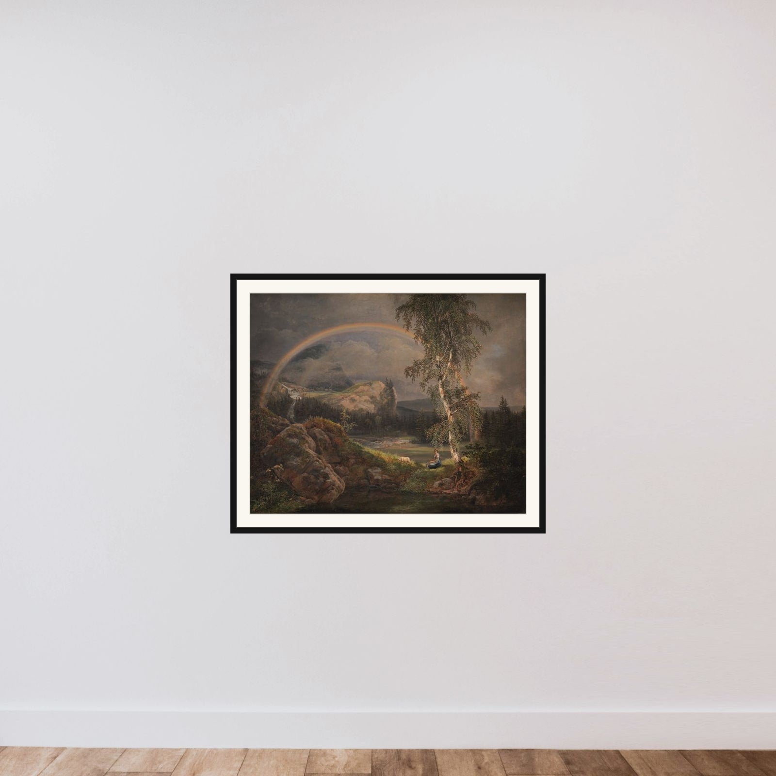 Norsk landskab med en regnbue framed — shown to scale