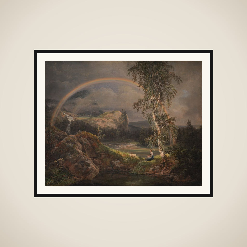 Norsk landskab med en regnbue framed