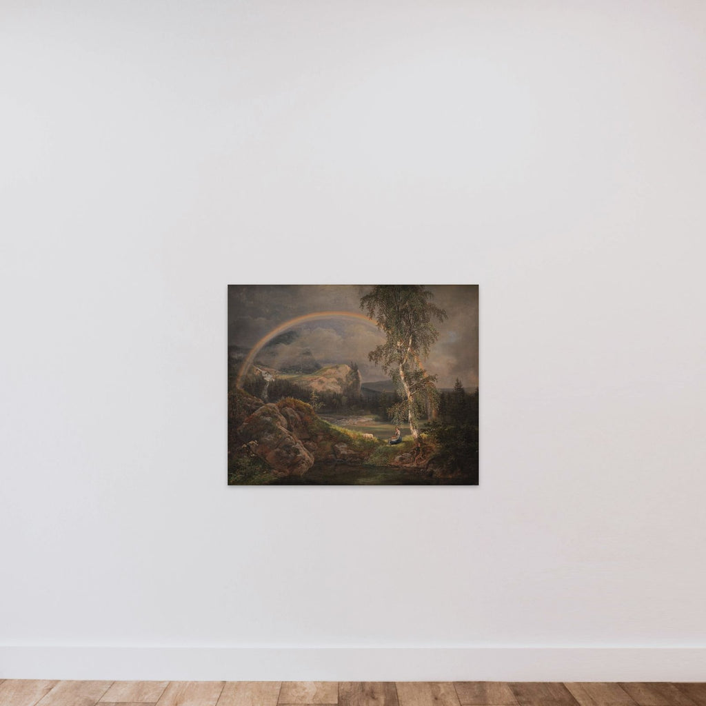 Norsk landskab med en regnbue unframed — shown to scale