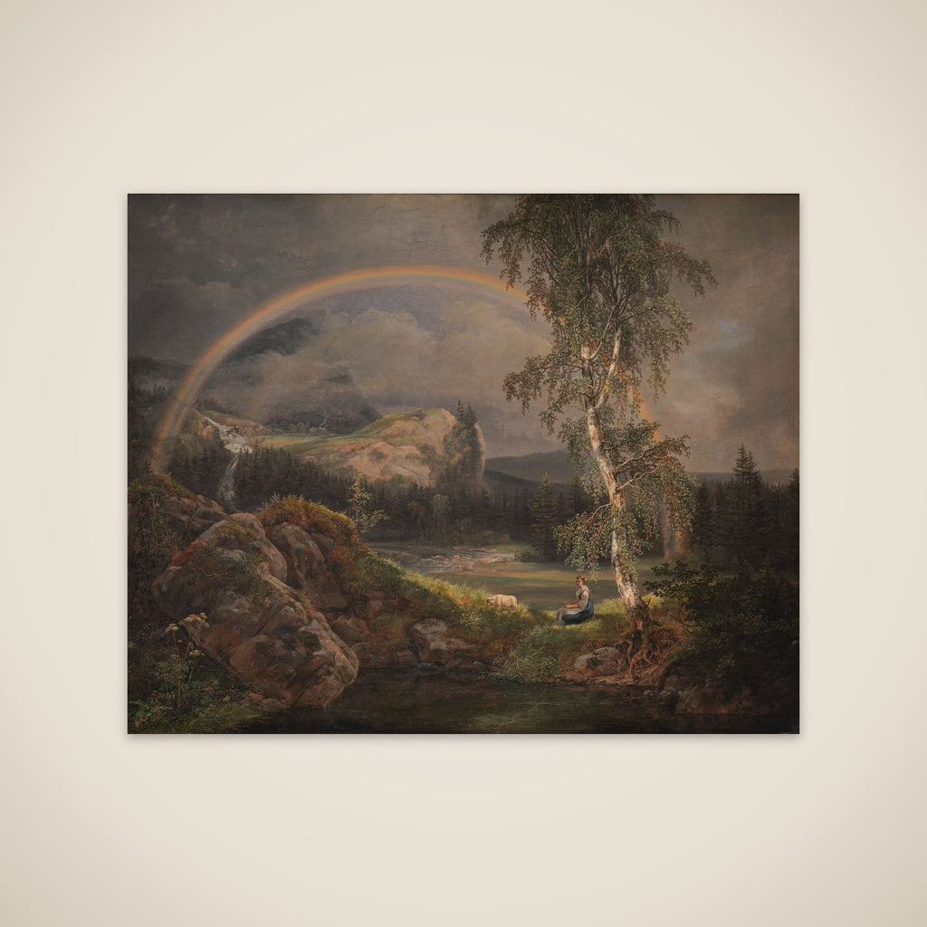 Norsk landskab med en regnbue unframed print