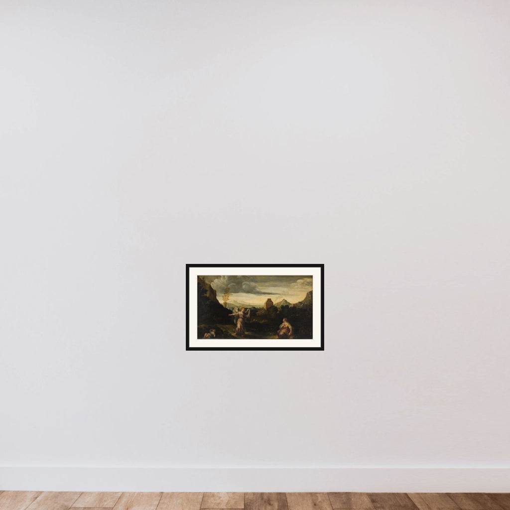 Italiensk landskab, i forgrunden Hagar, Ismael og en engel framed — shown to scale