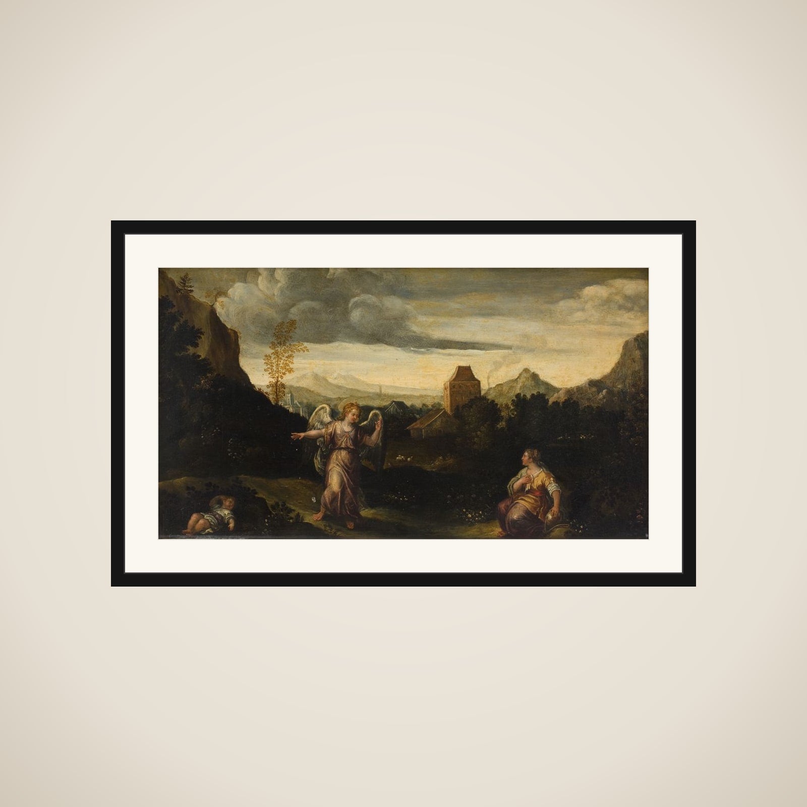 Italiensk landskab, i forgrunden Hagar, Ismael og en engel framed