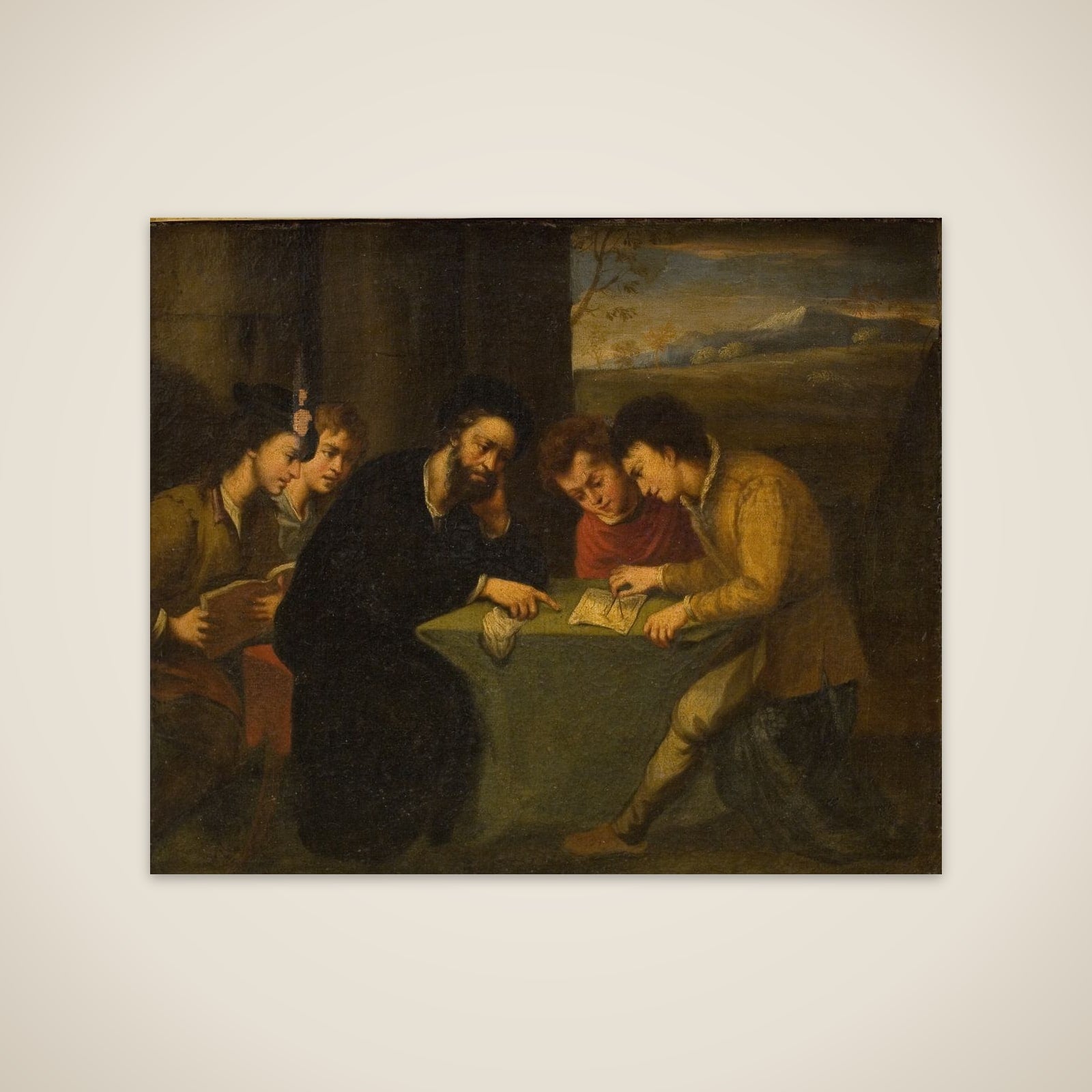 Skoleundervisning, en lærer med fire elever unframed print