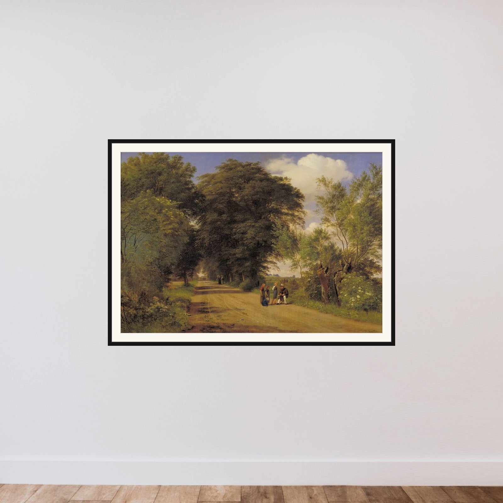 Landevej ved herregården Vognserup. Lundbye sidder ved vejkanten og tegner framed — shown to scale
