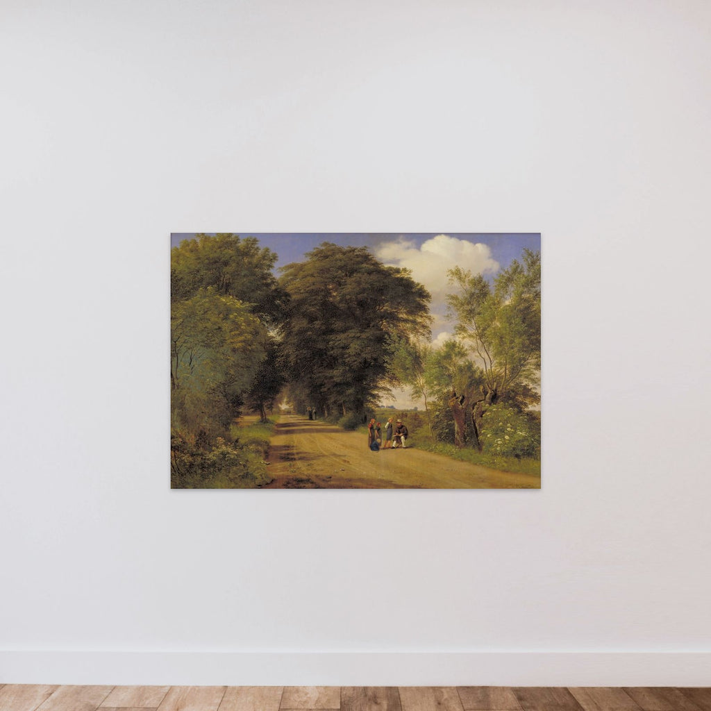 Landevej ved herregården Vognserup. Lundbye sidder ved vejkanten og tegner unframed — shown to scale
