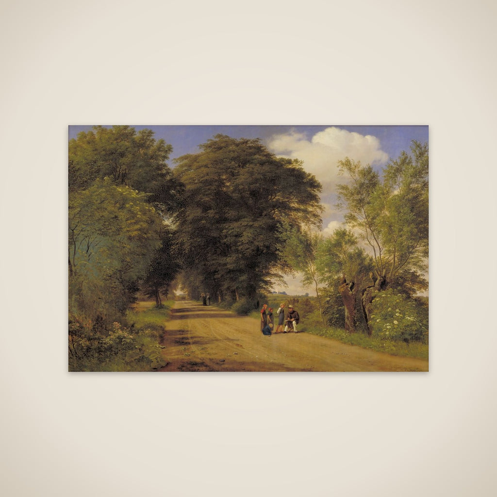 Landevej ved herregården Vognserup. Lundbye sidder ved vejkanten og tegner unframed print