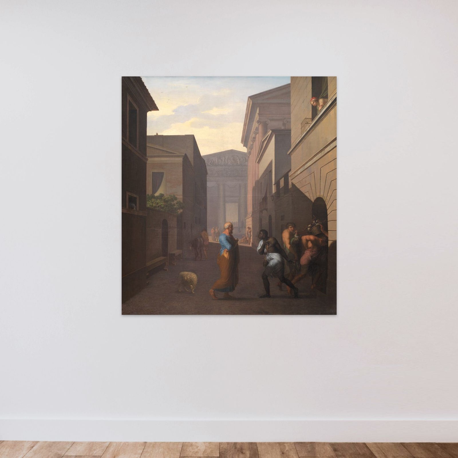 Simo betror sin frigivne Sosia sine bekymringer over sin søns forhold til pigen fra Andros. Motiv fra Terents: Pigen fra Andros unframed — shown to scale