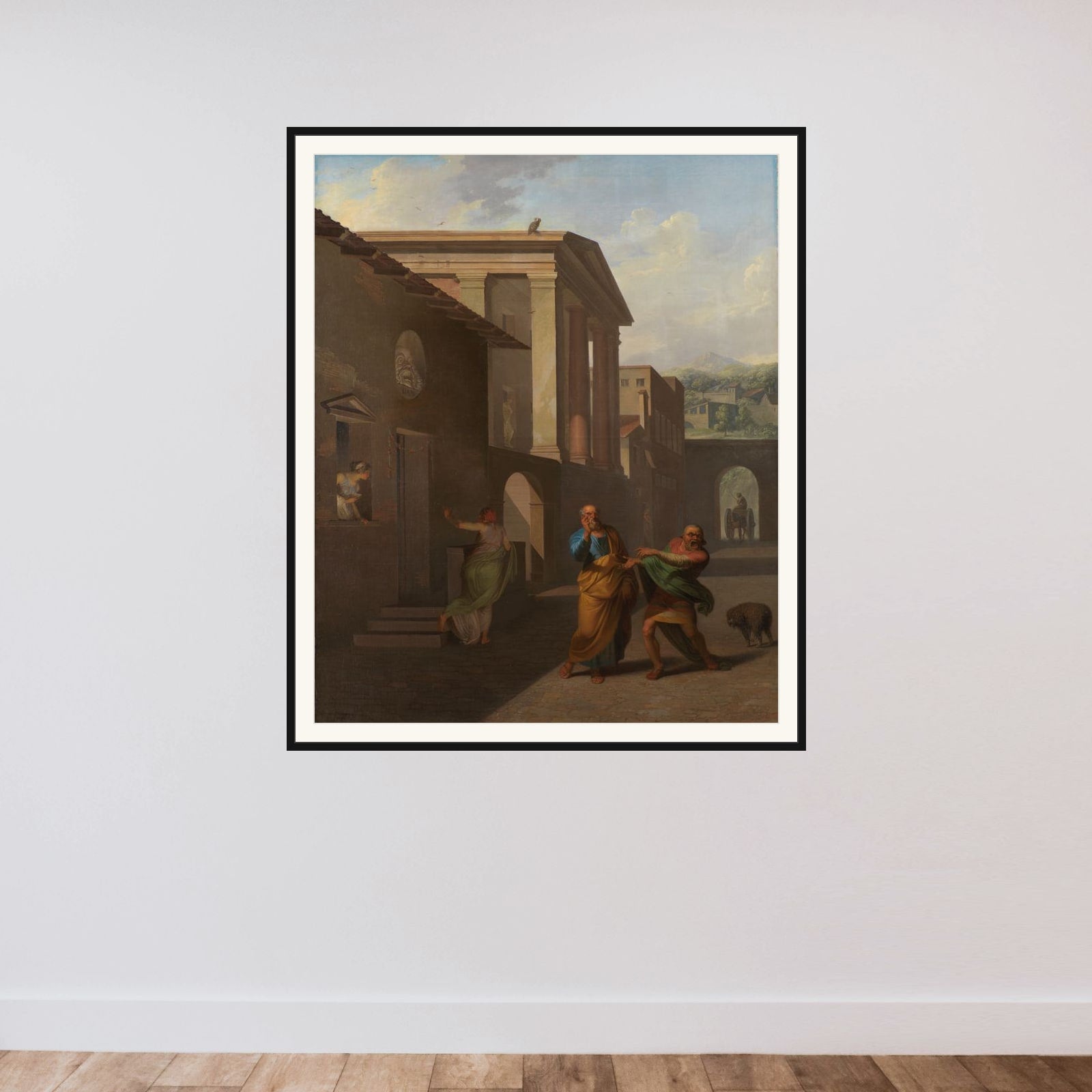 Jordemoderen forlader Androspigens hus. Simo siger til Davus, at han regner barselfærden for rent bedrageri. Motiv fra Terents: Pigen fra Andros framed — shown to scale