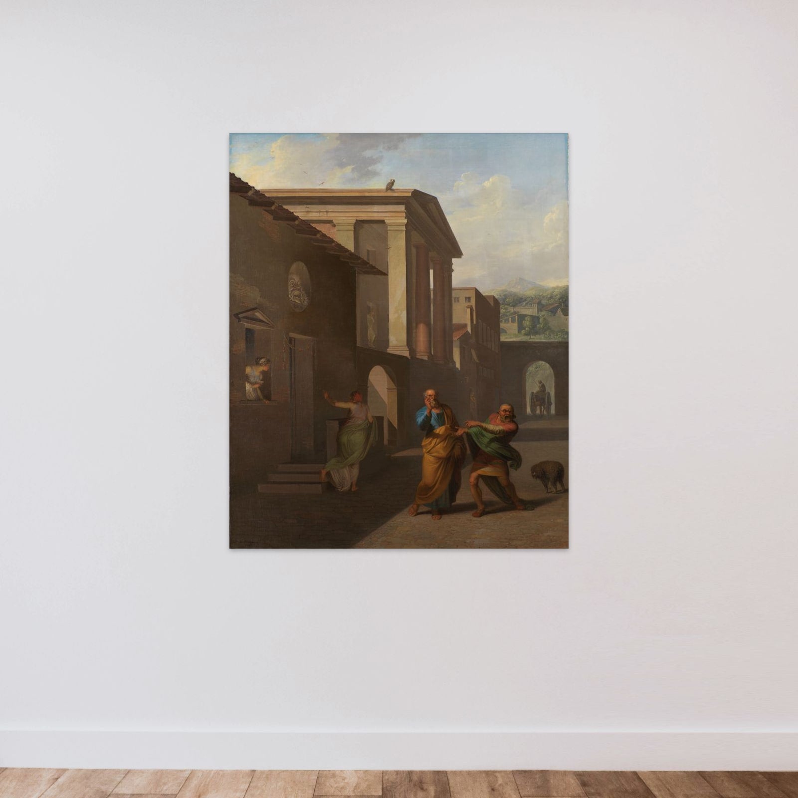 Jordemoderen forlader Androspigens hus. Simo siger til Davus, at han regner barselfærden for rent bedrageri. Motiv fra Terents: Pigen fra Andros unframed — shown to scale