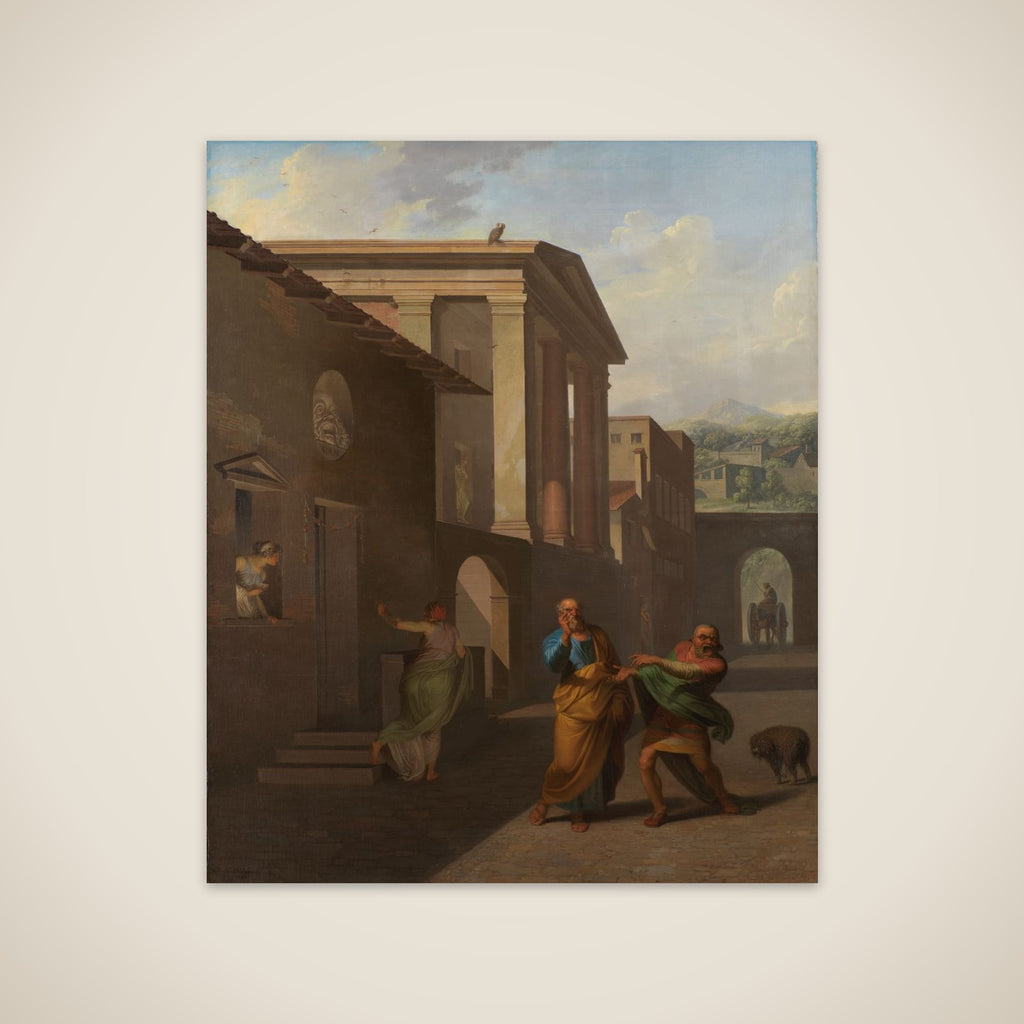 Jordemoderen forlader Androspigens hus. Simo siger til Davus, at han regner barselfærden for rent bedrageri. Motiv fra Terents: Pigen fra Andros unframed print