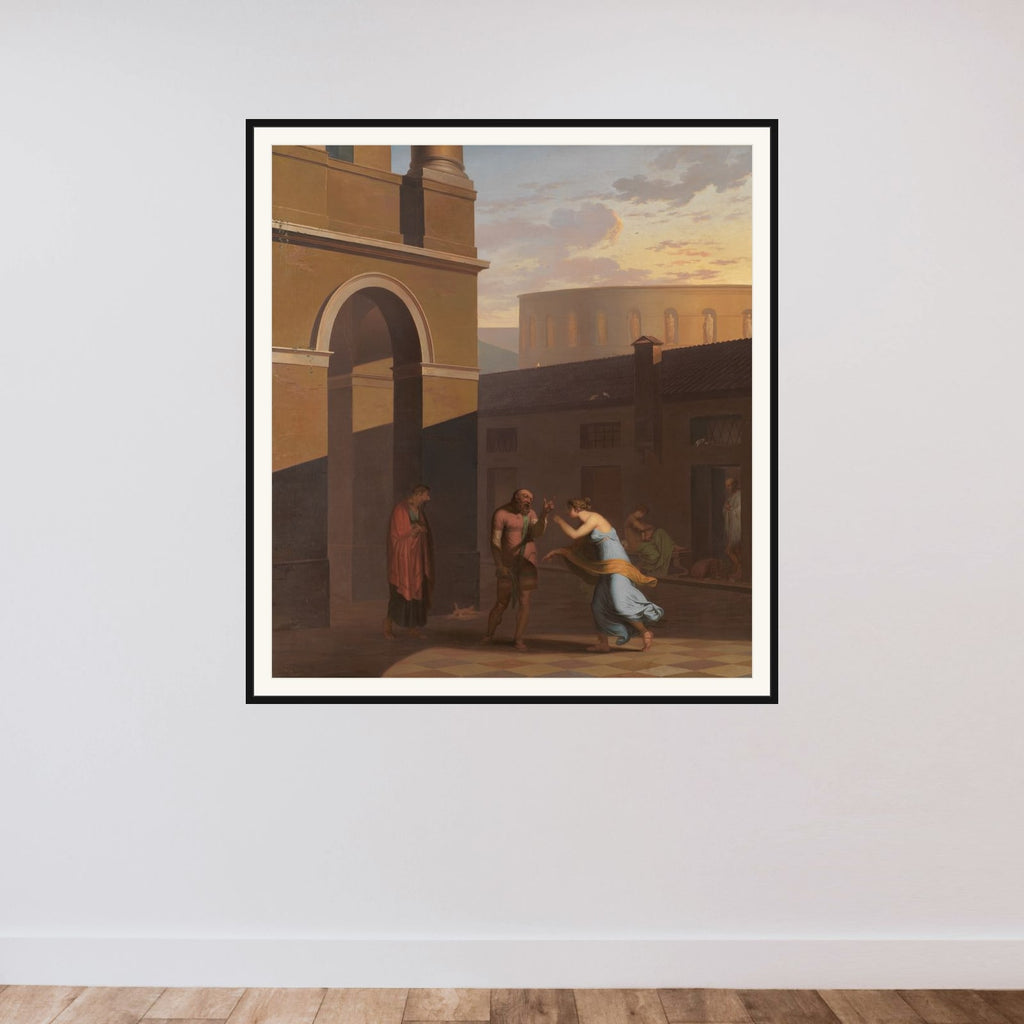 Davus taler med Mysis, Androspigens tjenestepige, som har lagt det nyfødte barn uden for Simos hus. Den lyttende Cremes opgiver sin datters forbindelse med Pamfilus. Motiv fra Terents: Pigen fra Andros framed — shown to scale