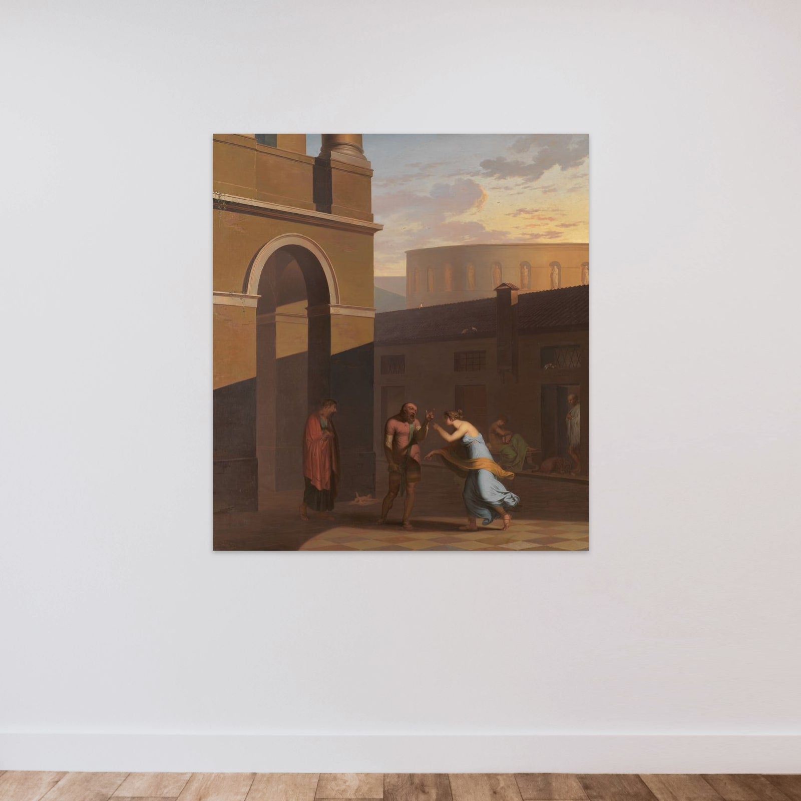 Davus taler med Mysis, Androspigens tjenestepige, som har lagt det nyfødte barn uden for Simos hus. Den lyttende Cremes opgiver sin datters forbindelse med Pamfilus. Motiv fra Terents: Pigen fra Andros unframed — shown to scale