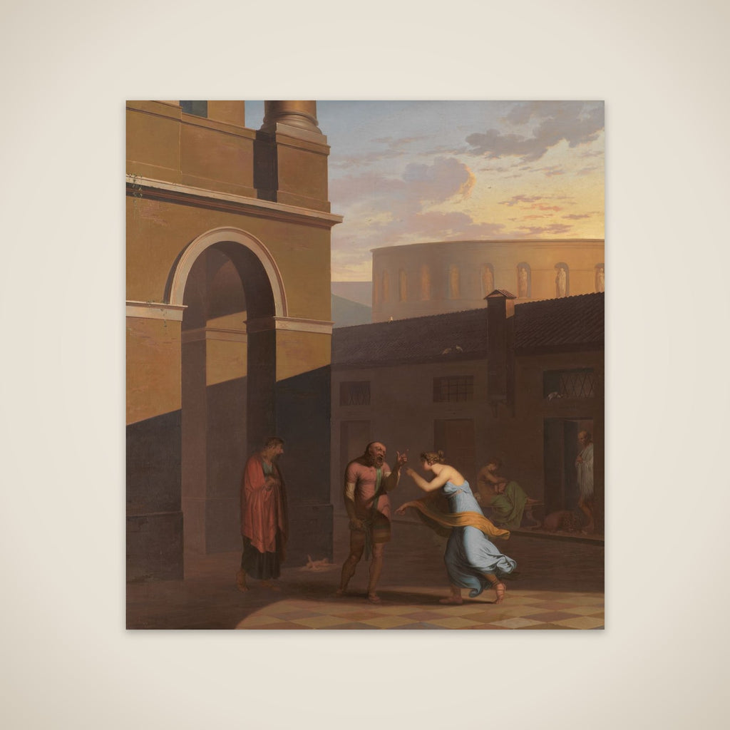 Davus taler med Mysis, Androspigens tjenestepige, som har lagt det nyfødte barn uden for Simos hus. Den lyttende Cremes opgiver sin datters forbindelse med Pamfilus. Motiv fra Terents: Pigen fra Andros unframed print
