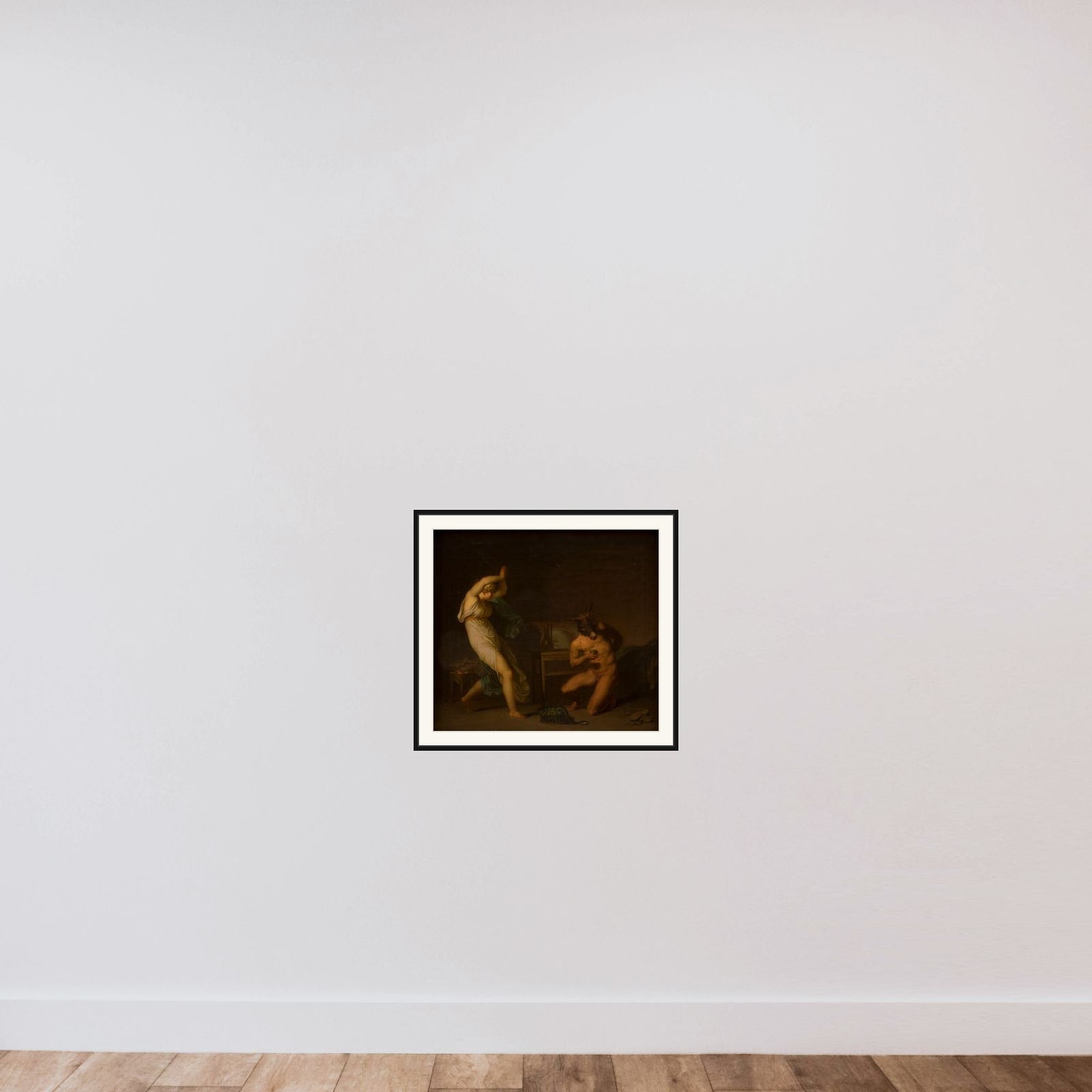 Tjenestepigen Fotis forfærdes over, at heksesalven forvandler hendes elsker Lucius til et æsel og ikke til en fugl. Motiv fra Apulejus: Det gyldne æsel framed — shown to scale