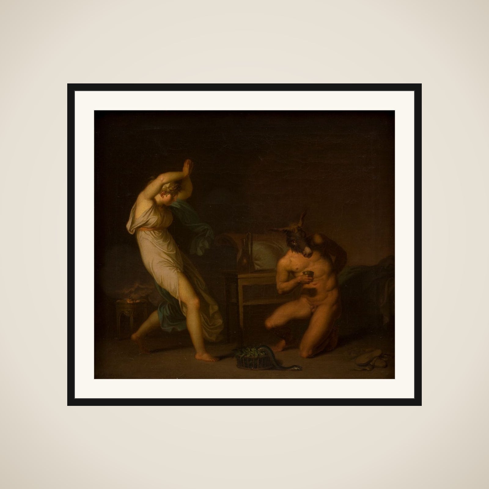 Tjenestepigen Fotis forfærdes over, at heksesalven forvandler hendes elsker Lucius til et æsel og ikke til en fugl. Motiv fra Apulejus: Det gyldne æsel framed