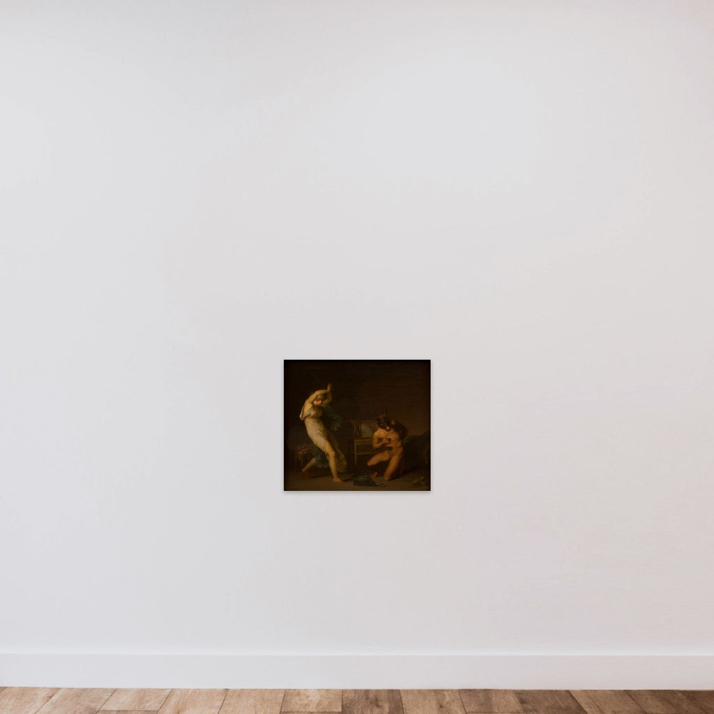 Tjenestepigen Fotis forfærdes over, at heksesalven forvandler hendes elsker Lucius til et æsel og ikke til en fugl. Motiv fra Apulejus: Det gyldne æsel unframed — shown to scale