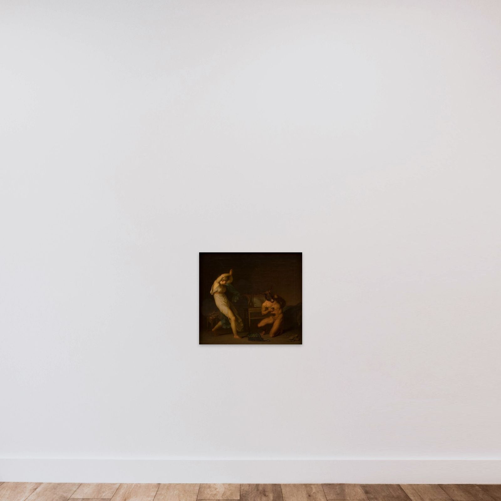 Tjenestepigen Fotis forfærdes over, at heksesalven forvandler hendes elsker Lucius til et æsel og ikke til en fugl. Motiv fra Apulejus: Det gyldne æsel unframed — shown to scale
