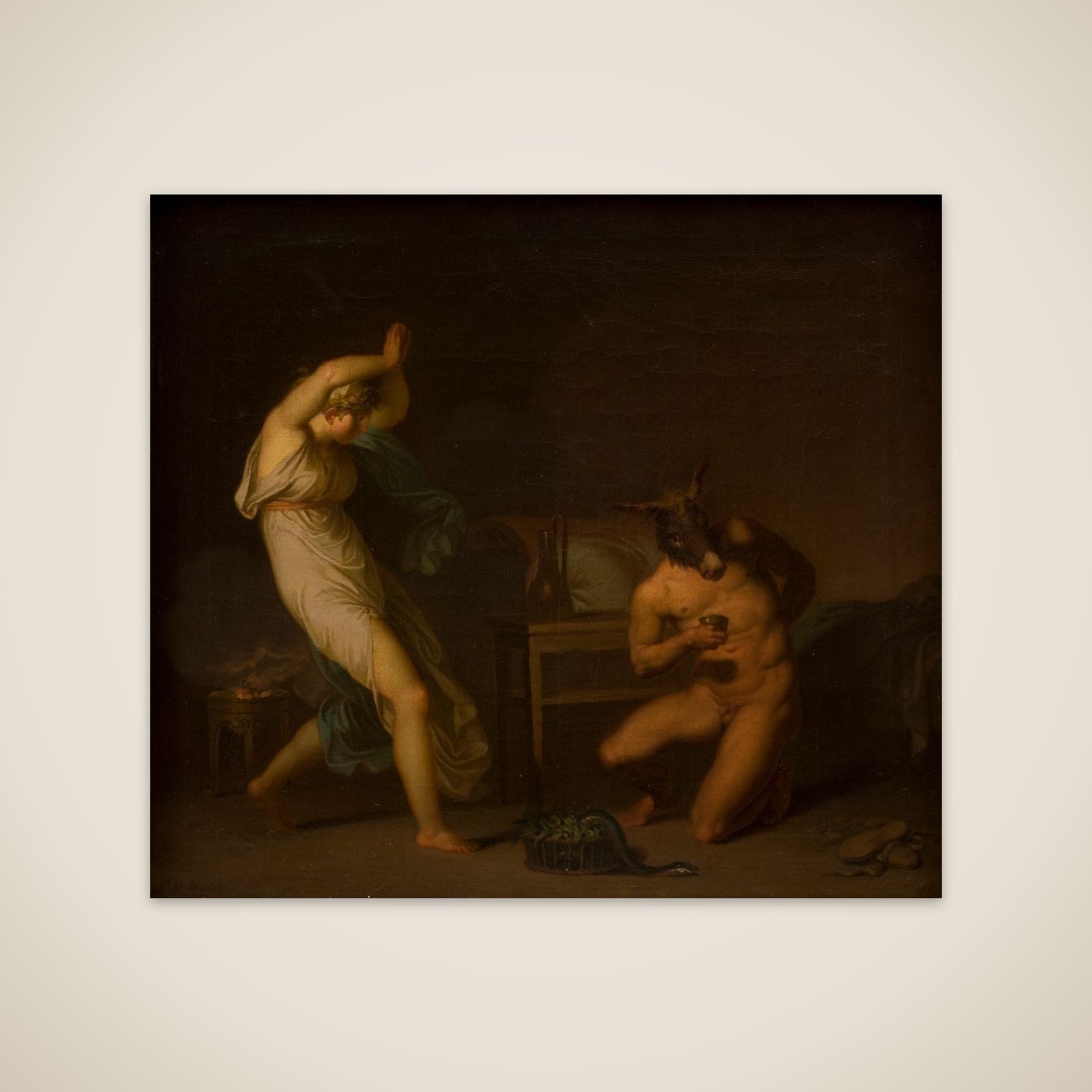 Tjenestepigen Fotis forfærdes over, at heksesalven forvandler hendes elsker Lucius til et æsel og ikke til en fugl. Motiv fra Apulejus: Det gyldne æsel unframed print