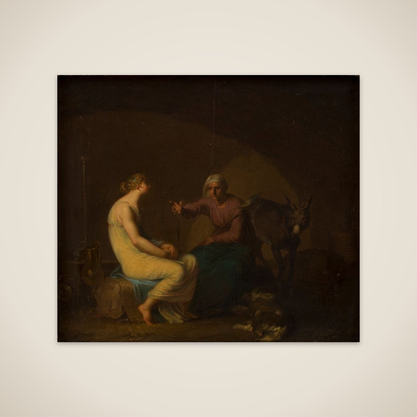 Røverbandens husholderske trøster den unge pige ved at fortælle myten om Amor og Psyche. Motiv fra Apulejus: Det gyldne æsel unframed print