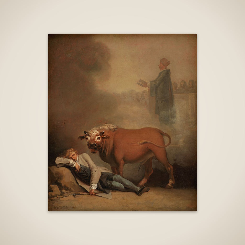 Niels Klim tror at høre degnen i Fane Kirke, da han vågner på den underjordiske planet ved en tyrs brølen unframed print
