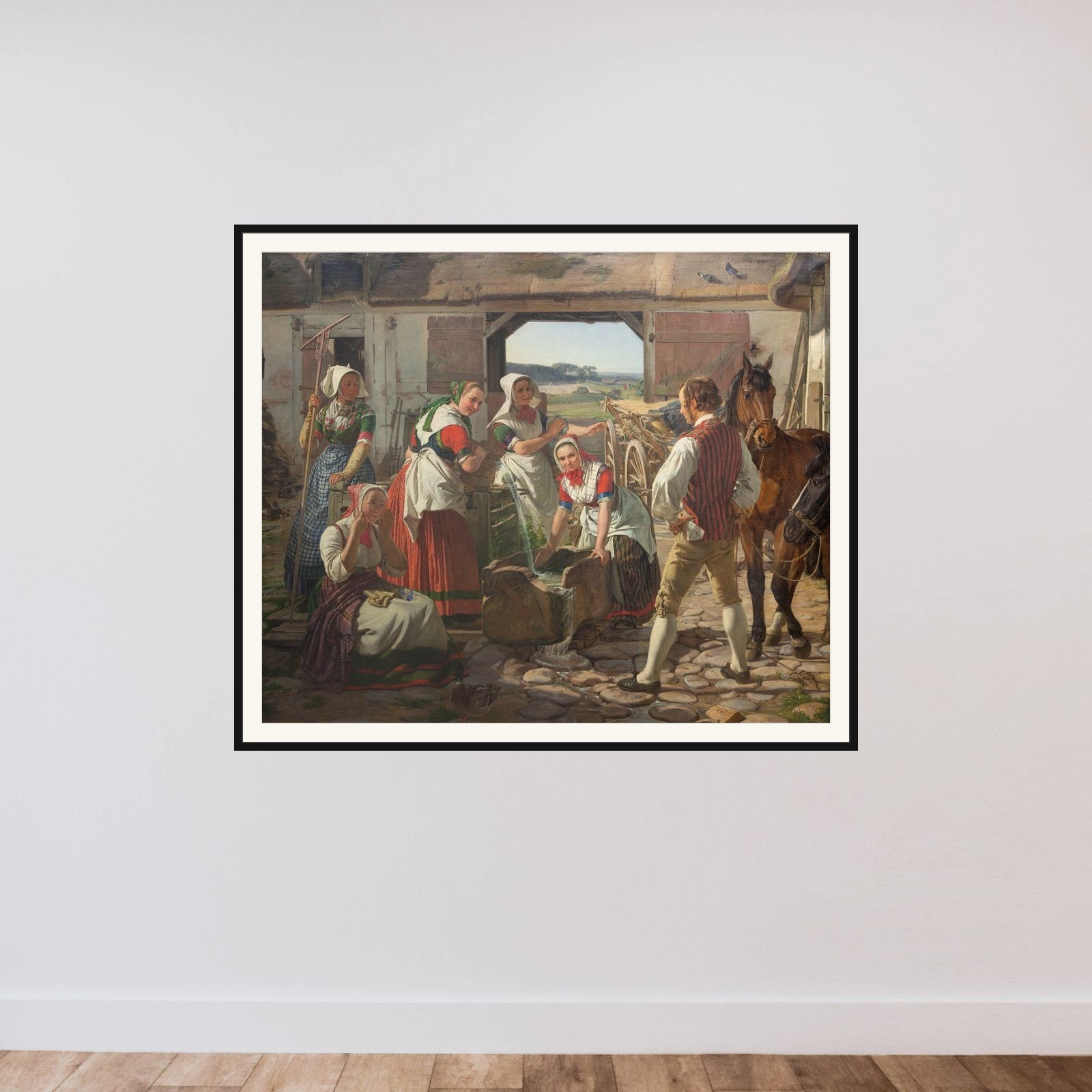 Sjællandske høstpiger ved en brønd framed — shown to scale