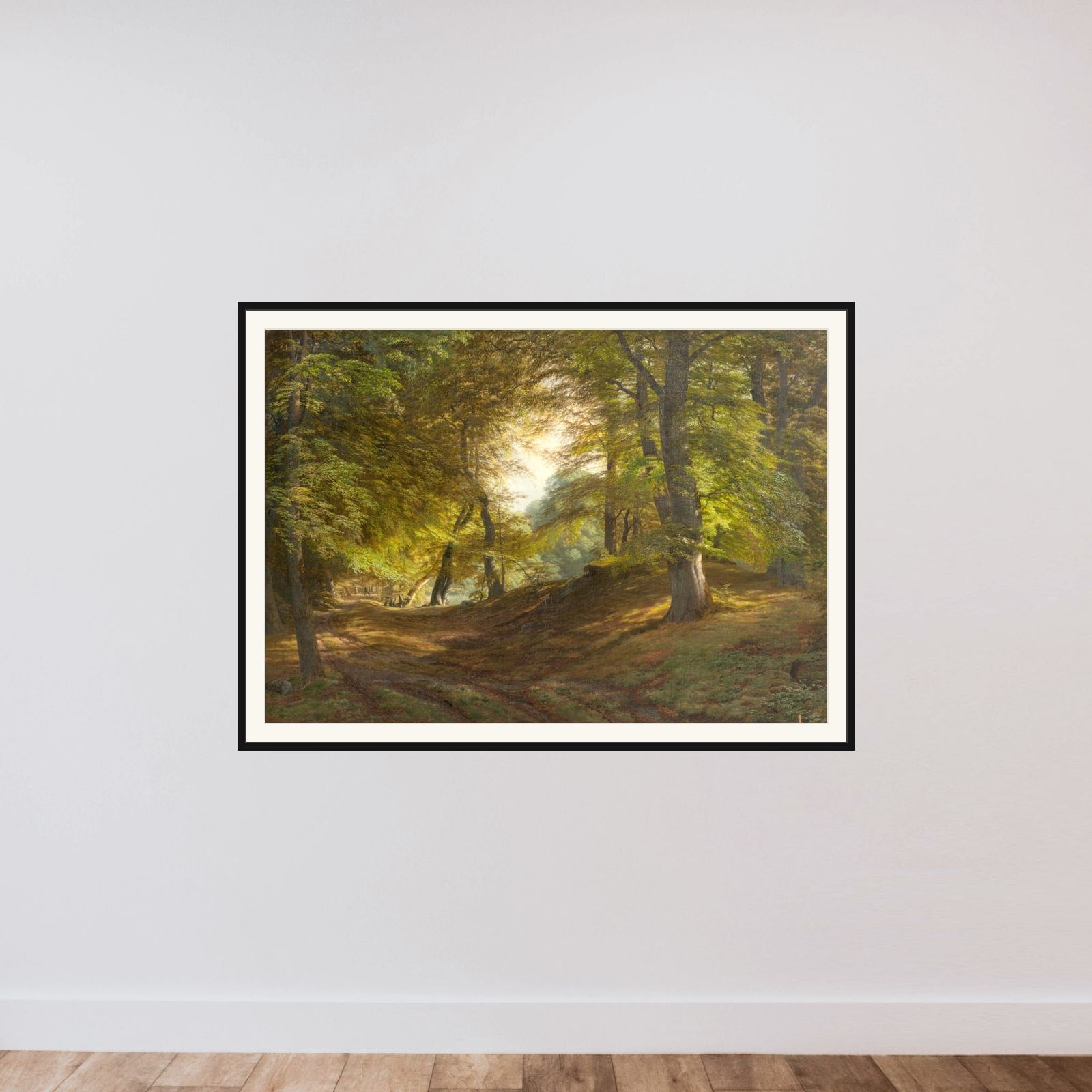 Det indre af en skov. Fra Præstevangen ved Frederiksborg framed — shown to scale