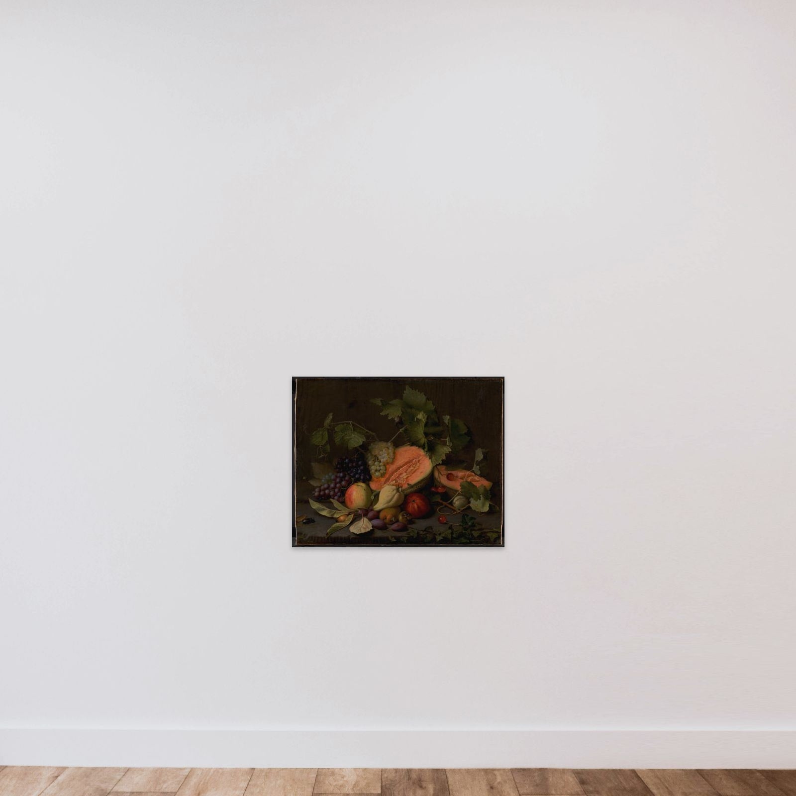 Frugtstykke med meloner og druer unframed — shown to scale