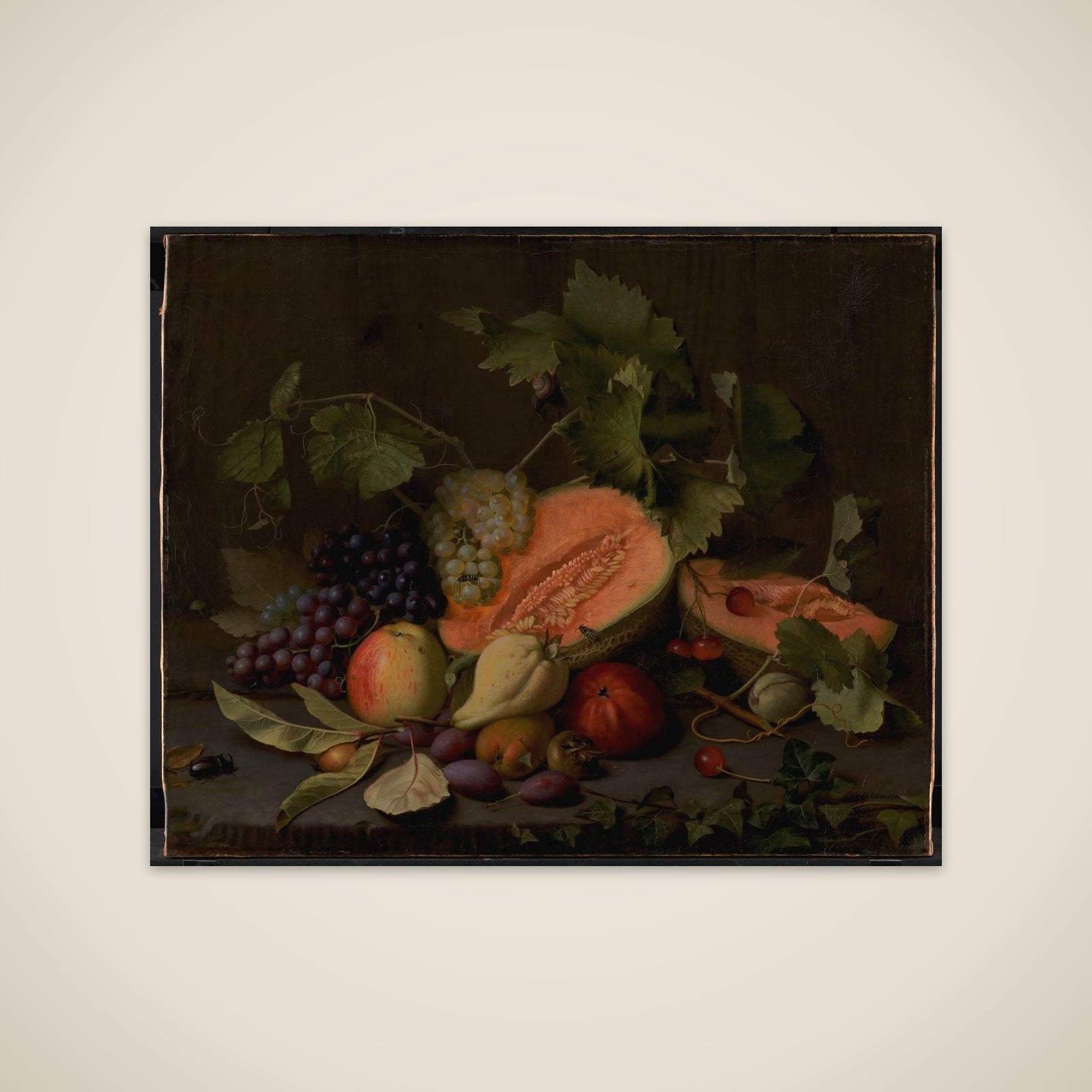Frugtstykke med meloner og druer unframed print