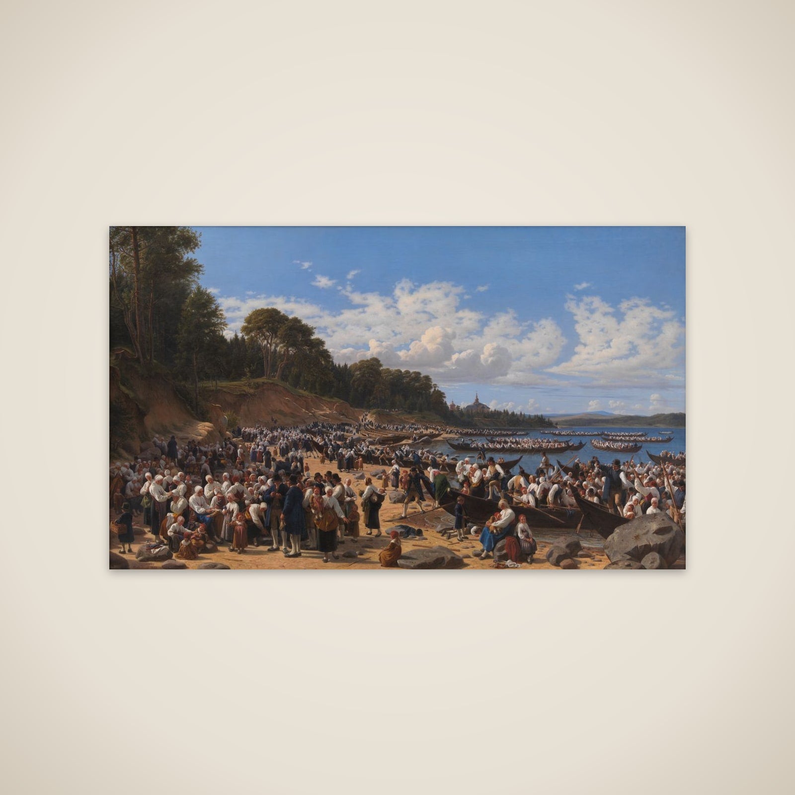 Kirkefærd i Dalarne i Sverige. Til Leksands sognekirke i Dalarne kommer folket i deres store kirkebåde over Siljansøen om søndagen til gudstjeneste unframed print