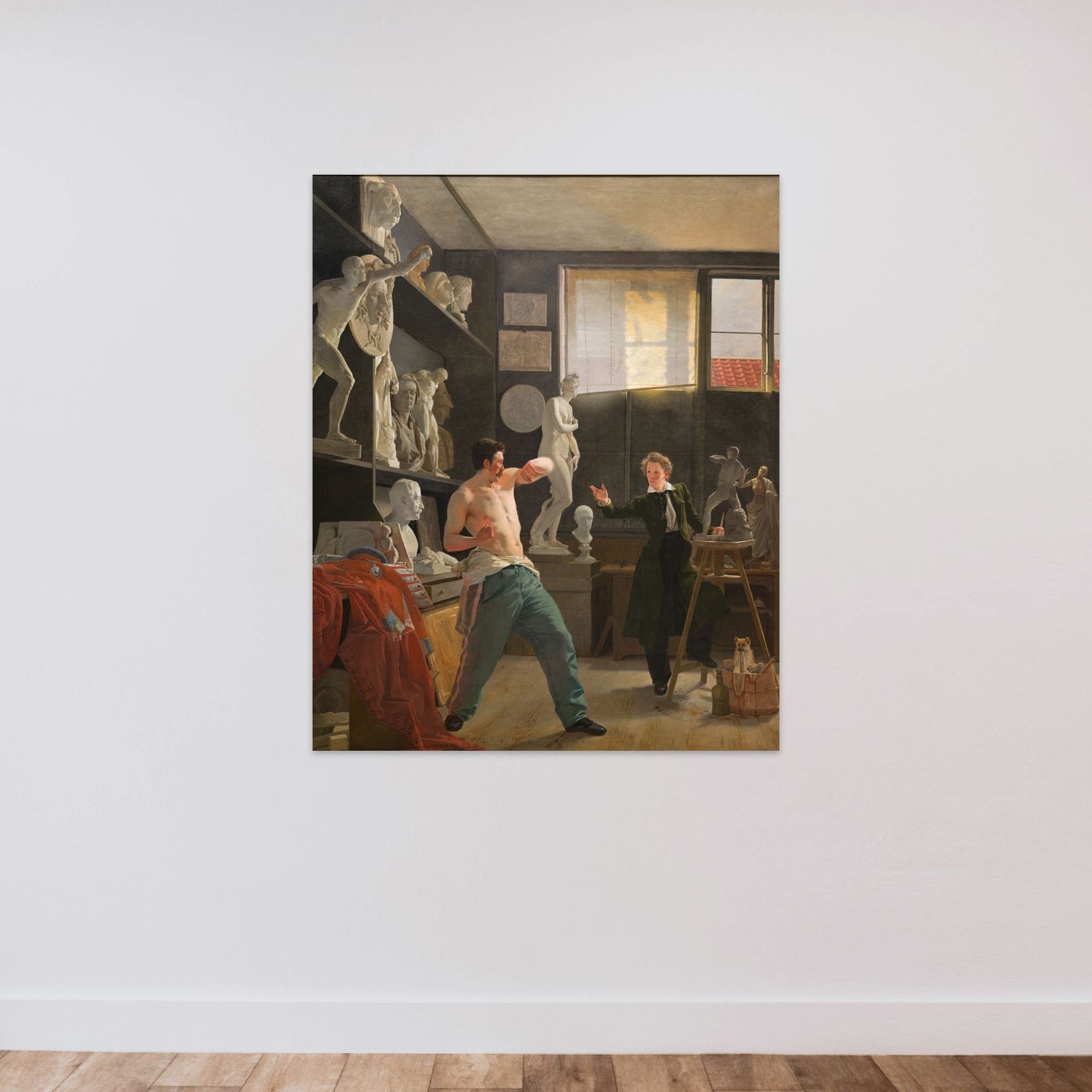 En billedhugger (Christen Christensen) arbejder efter levende model i sit atelier unframed — shown to scale