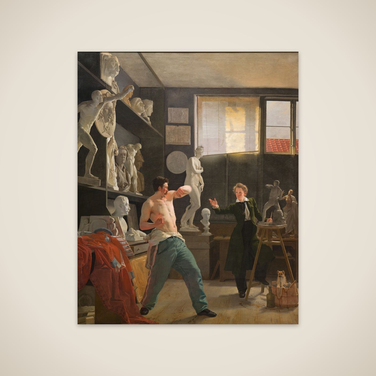 En billedhugger (Christen Christensen) arbejder efter levende model i sit atelier unframed print