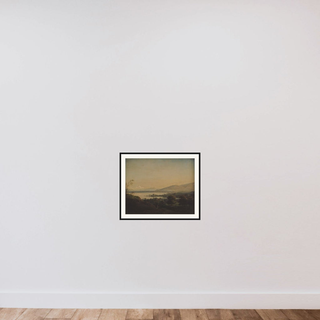 Udsigt over Lac Léman mod Mont Blanc og Genève framed — shown to scale