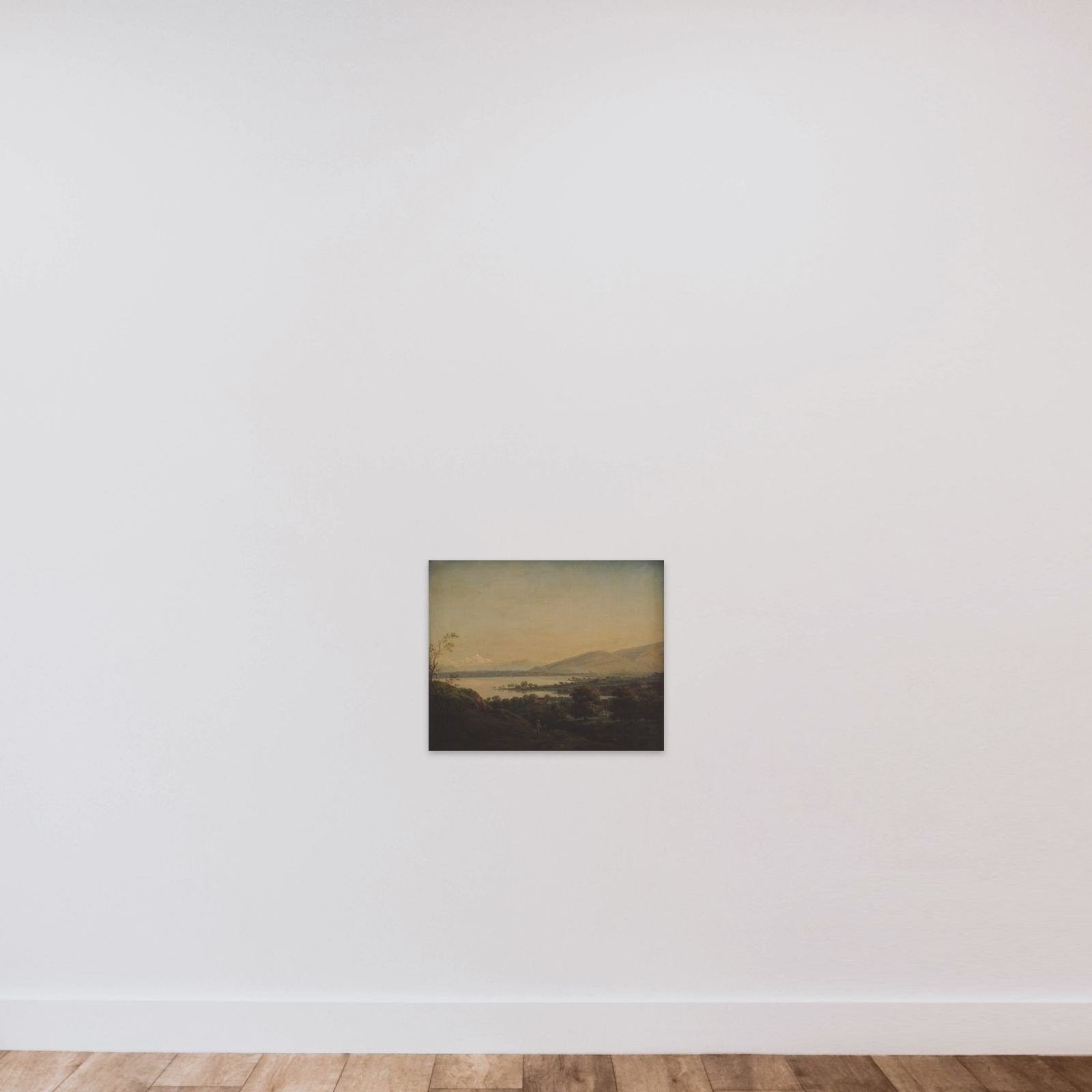 Udsigt over Lac Léman mod Mont Blanc og Genève unframed — shown to scale