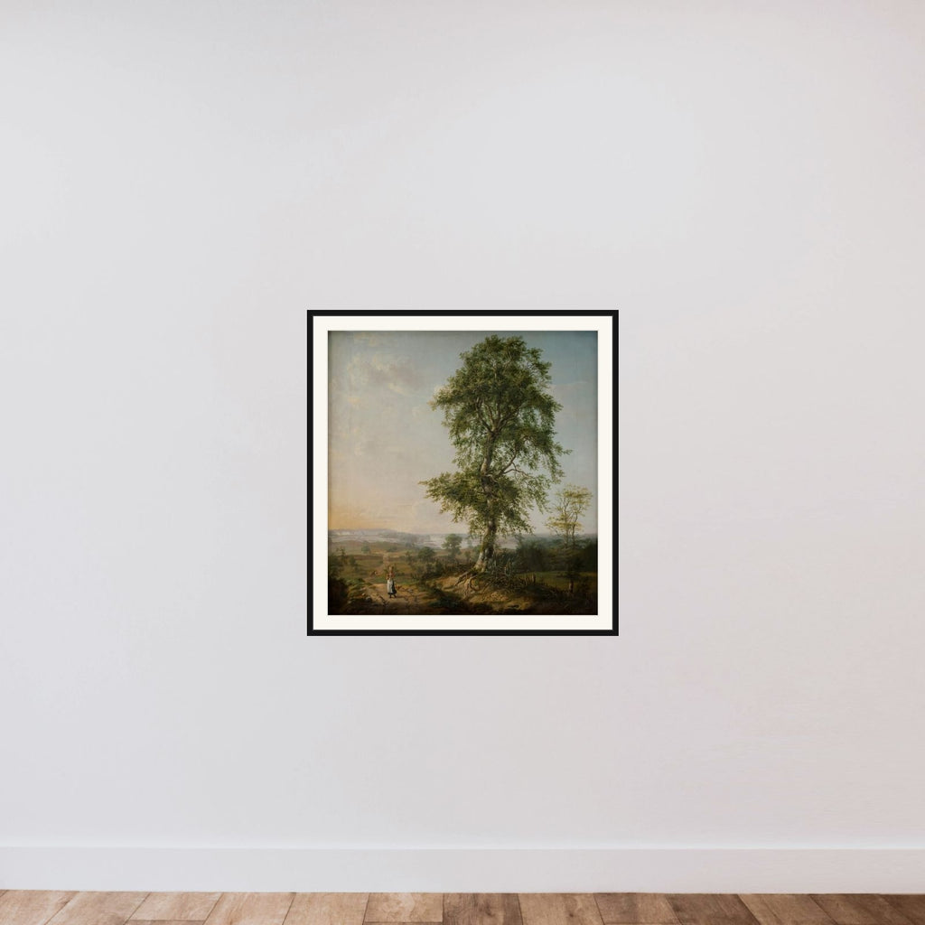 Landskab med et stort træ framed — shown to scale