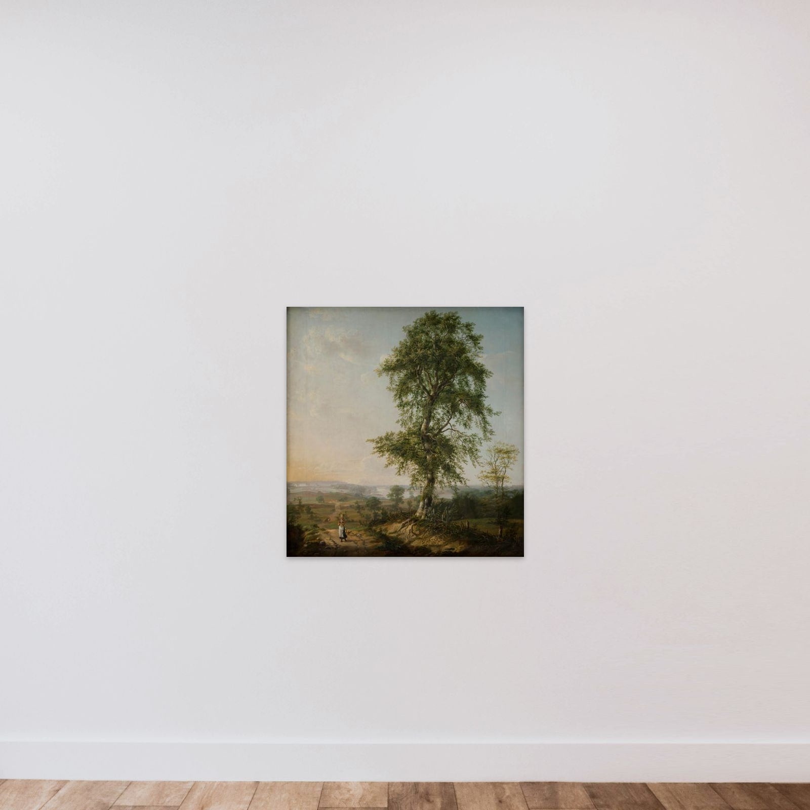Landskab med et stort træ unframed — shown to scale