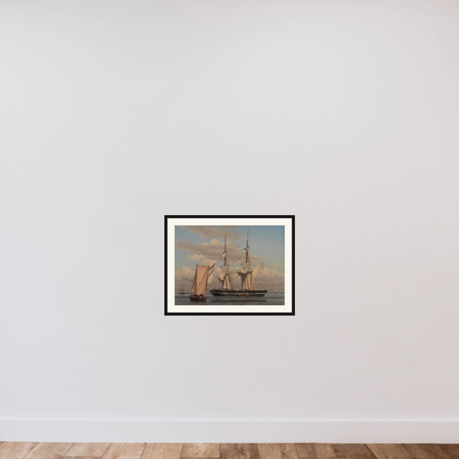 En amerikansk orlogsbrig, der ligger for anker, mens sejlene tørres framed — shown to scale
