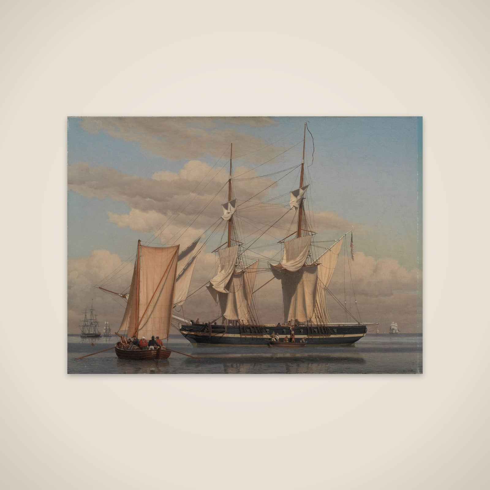 En amerikansk orlogsbrig, der ligger for anker, mens sejlene tørres unframed print