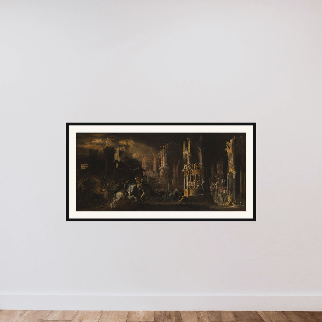 Arkitekturfantasi med Saulus' (Paulus') omvendelse framed — shown to scale