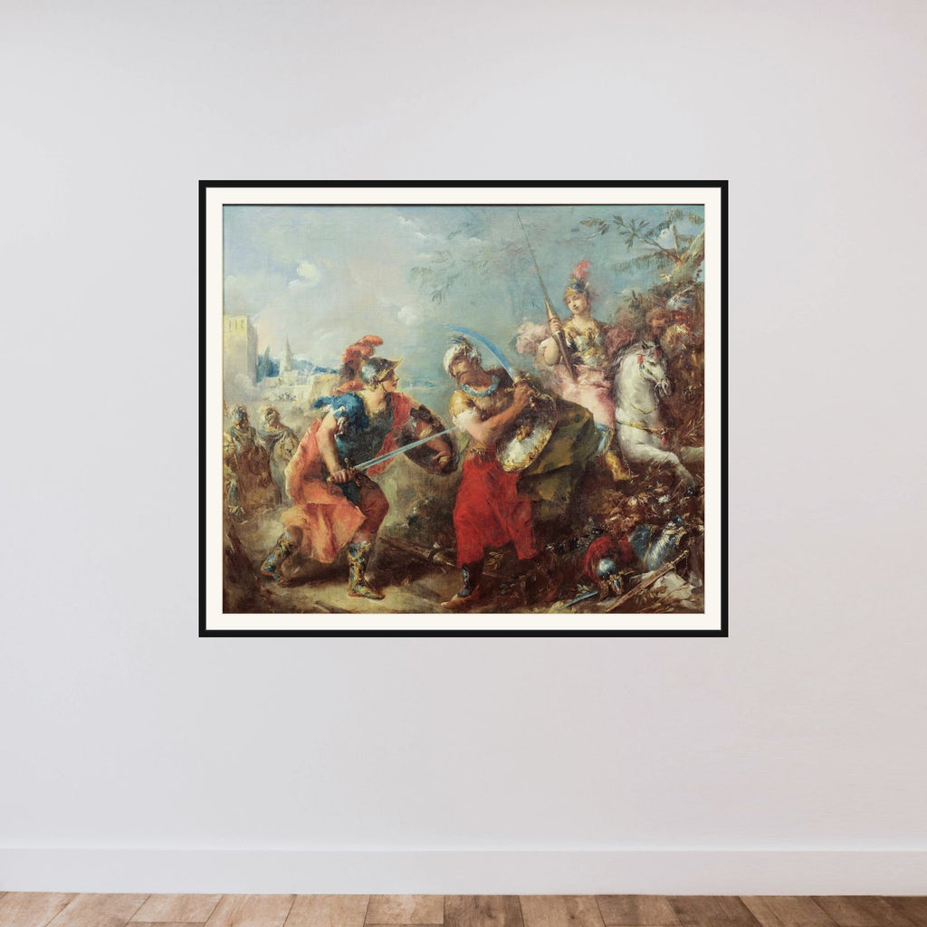 Kampen mellem Tancred og Argante med Clorinda i baggrunden framed — shown to scale