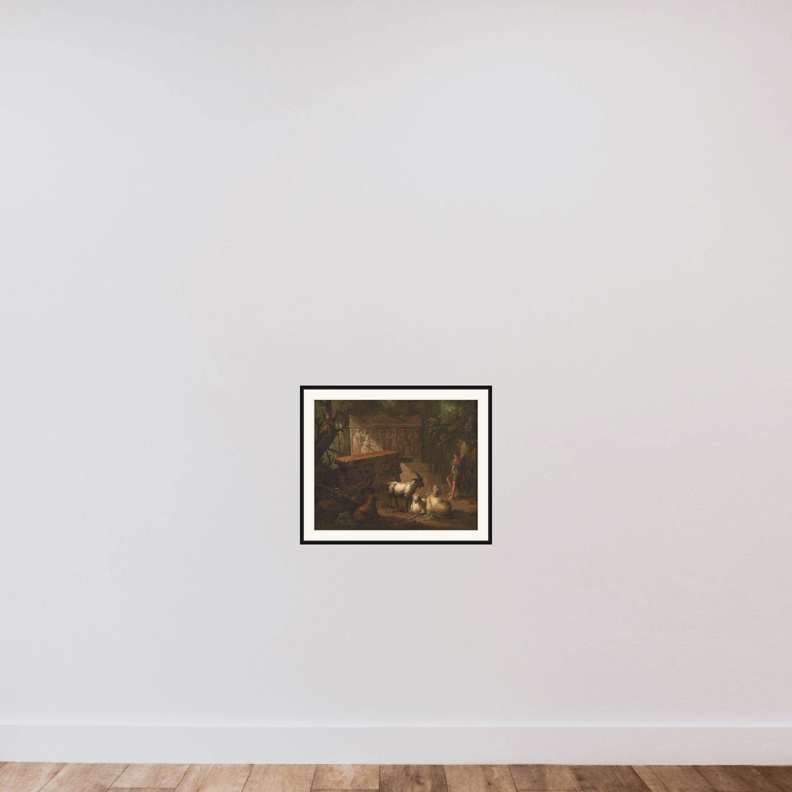 Antikke ruiner omgivet af træer, i forgrunden en hyrde og nogle geder framed — shown to scale