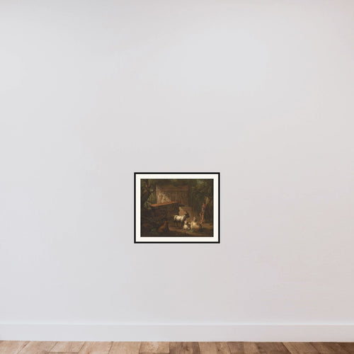 Antikke ruiner omgivet af træer, i forgrunden en hyrde og nogle geder framed — shown to scale
