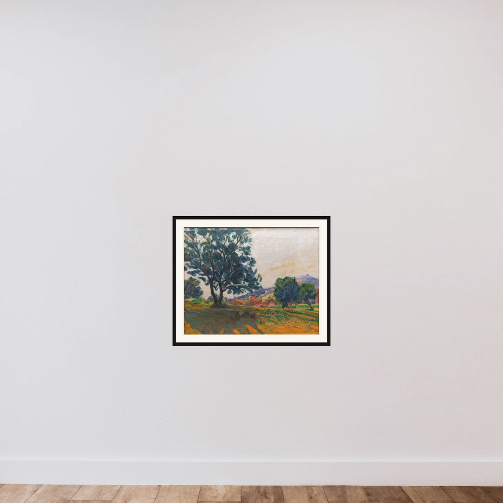 Olivenlunden. Cagnes by i baggrunden. Mod lyset framed — shown to scale