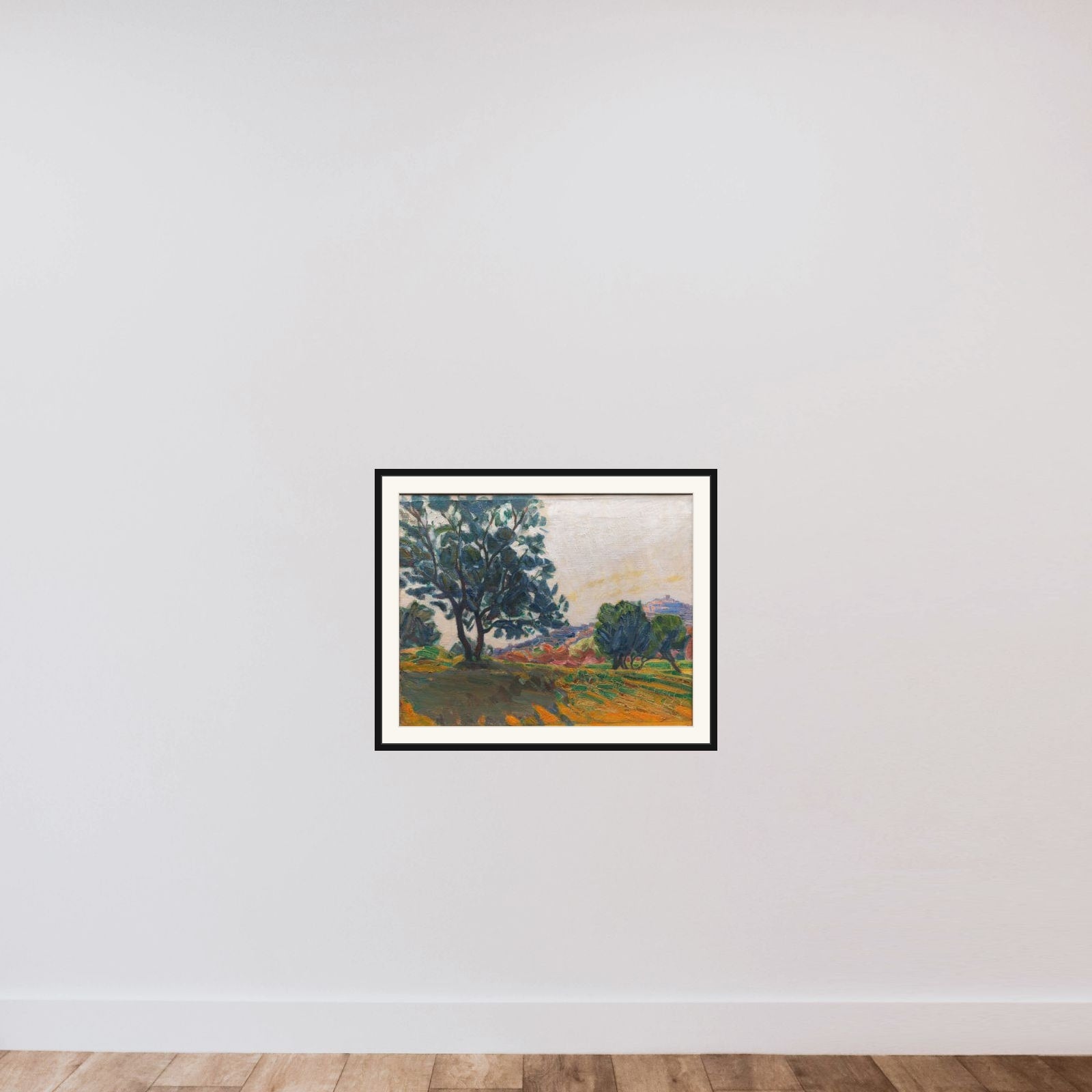 Olivenlunden. Cagnes by i baggrunden. Mod lyset framed — shown to scale